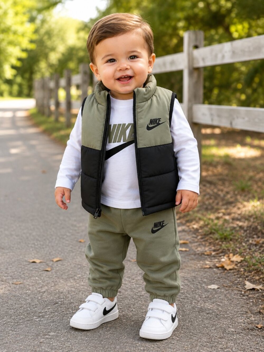 NWT Nike Baby Boy Jogger Set with Puffer Vest Size 12 Months Green Gray 3 Piece